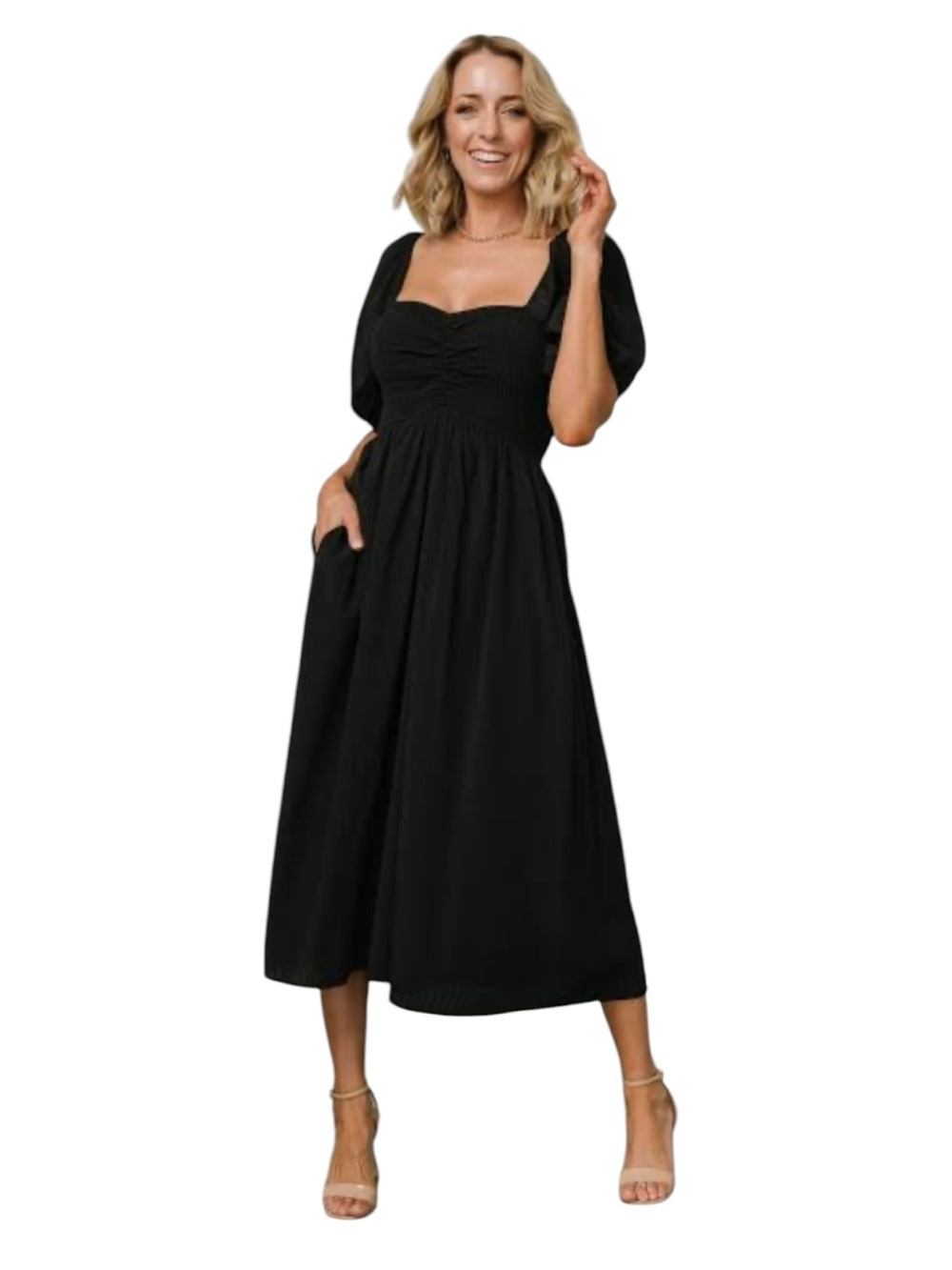 NEW Baltic Born Stefania Chiffon Smocked Midi Dress in Black